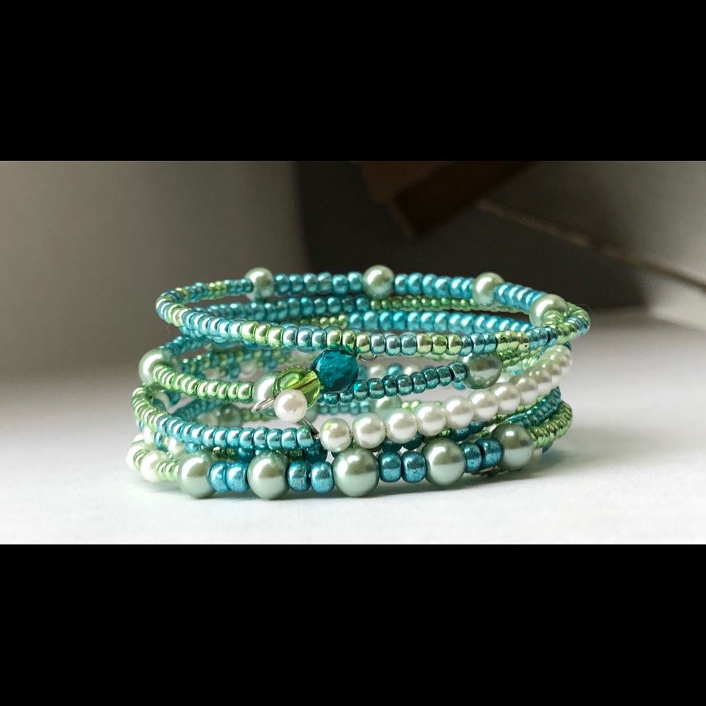 OOAK Shimmery Aqua White Pearl Wrap Bracelet - Picture 1 of 2